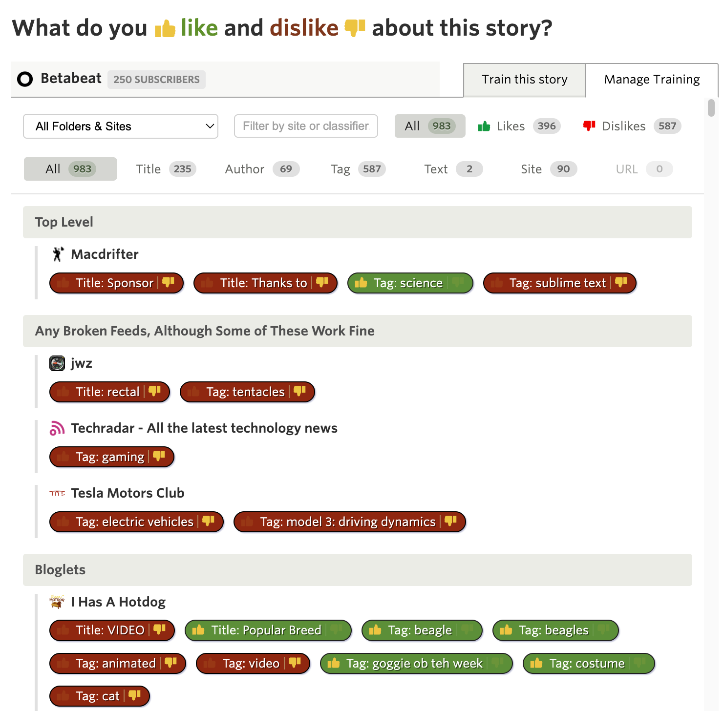 Training dialog with thumbs up and thumbs down on authors, tags, and titles